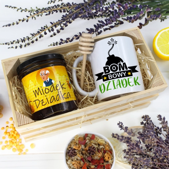 PREZENT DLA DZIADKA KOMPLET KUBEK MIÓD NATURALNY SKRZYNCE DZIADEK UPOMINEK
