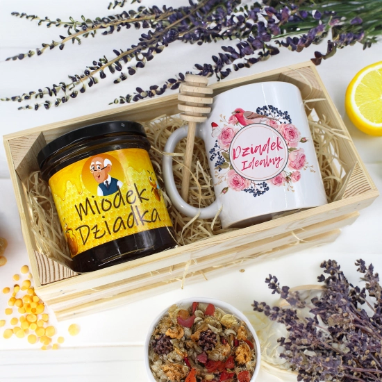 PREZENT DLA DZIADKA KOMPLET KUBEK MIÓD NATURALNY SKRZYNCE DZIADEK UPOMINEK