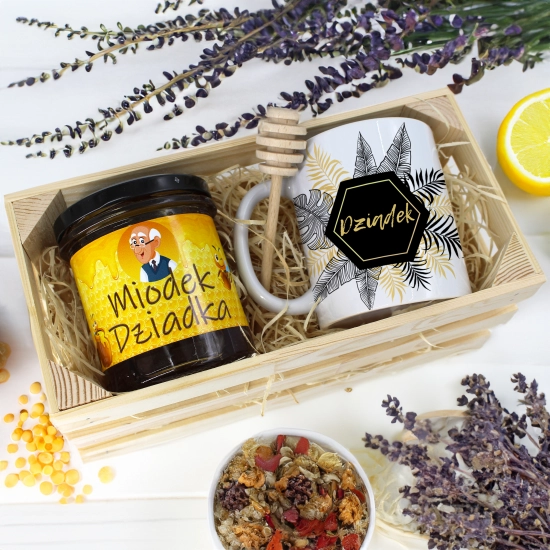 PREZENT DLA DZIADKA KOMPLET KUBEK MIÓD NATURALNY SKRZYNCE DZIADEK UPOMINEK