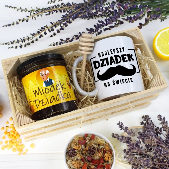 PREZENT DLA DZIADKA KOMPLET KUBEK MIÓD NATURALNY SKRZYNCE DZIADEK UPOMINEK
