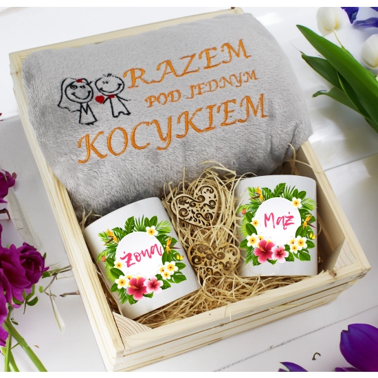 PREZENT ŚLUBNY ZESTAW KOC 160x200 + KUBKI ŻONA MĄŻ