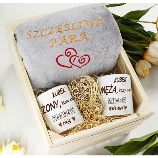 PREZENT ŚLUBNY ZESTAW KOC 160x200 + KUBKI ŻONA MĄŻ