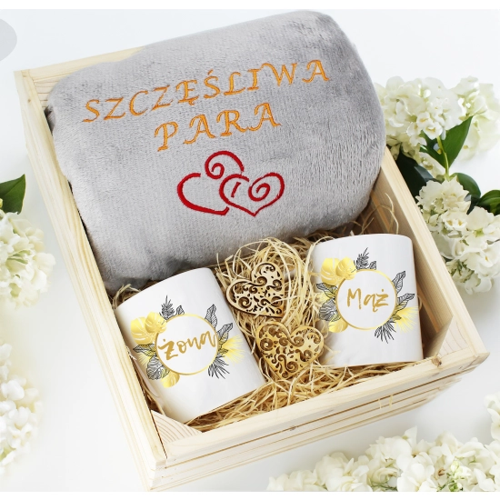 PREZENT ŚLUBNY ZESTAW KOC 160x200 + KUBKI ŻONA MĄŻ