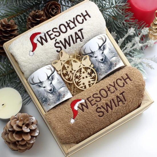 ZESTAW PREZENT ŚWIĄTECZNY KOMPLET KUBKI RĘCZNIKI W SKRZYNCE ŚWIĘTA MIKOŁAJ