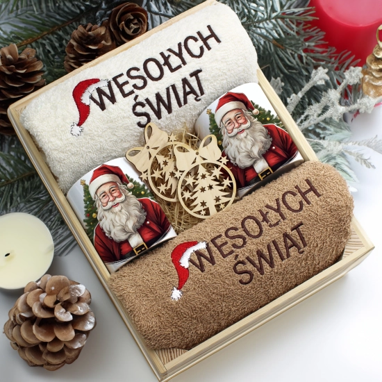 ZESTAW PREZENT ŚWIĄTECZNY KOMPLET KUBKI RĘCZNIKI W SKRZYNCE ŚWIĘTA MIKOŁAJ