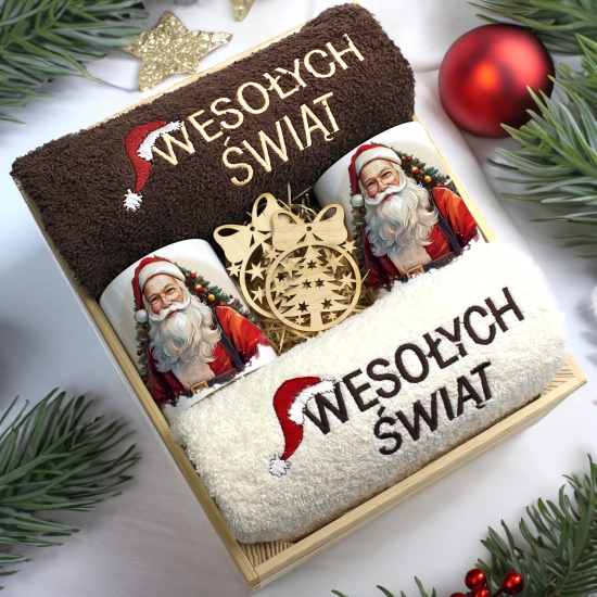 ZESTAW PREZENT ŚWIĄTECZNY KOMPLET KUBKI RĘCZNIKI W SKRZYNCE ŚWIĘTA MIKOŁAJ