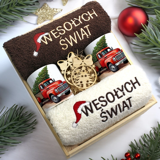 ZESTAW PREZENT ŚWIĄTECZNY KOMPLET KUBKI RĘCZNIKI W SKRZYNCE ŚWIĘTA MIKOŁAJ