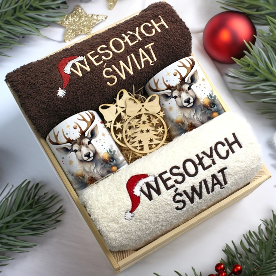 ZESTAW PREZENT ŚWIĄTECZNY KOMPLET KUBKI RĘCZNIKI W SKRZYNCE ŚWIĘTA MIKOŁAJ