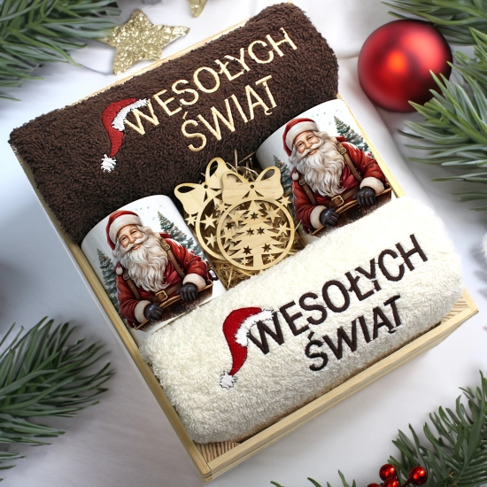 ZESTAW PREZENT ŚWIĄTECZNY KOMPLET KUBKI RĘCZNIKI W SKRZYNCE ŚWIĘTA MIKOŁAJ