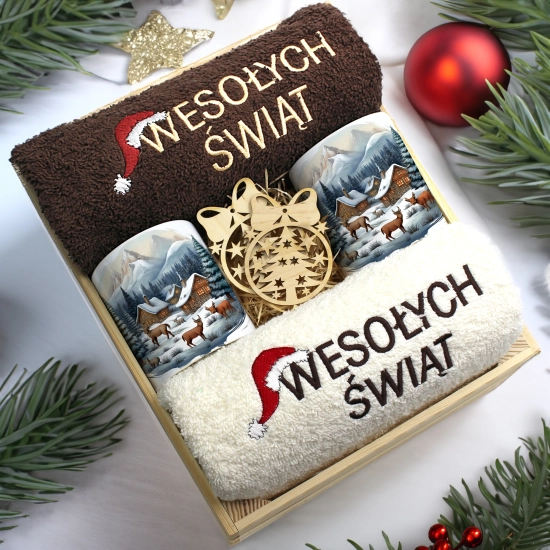 ZESTAW PREZENT ŚWIĄTECZNY KOMPLET KUBKI RĘCZNIKI W SKRZYNCE ŚWIĘTA MIKOŁAJ
