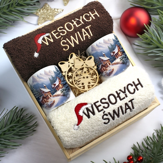 ZESTAW PREZENT ŚWIĄTECZNY KOMPLET KUBKI RĘCZNIKI W SKRZYNCE ŚWIĘTA MIKOŁAJ