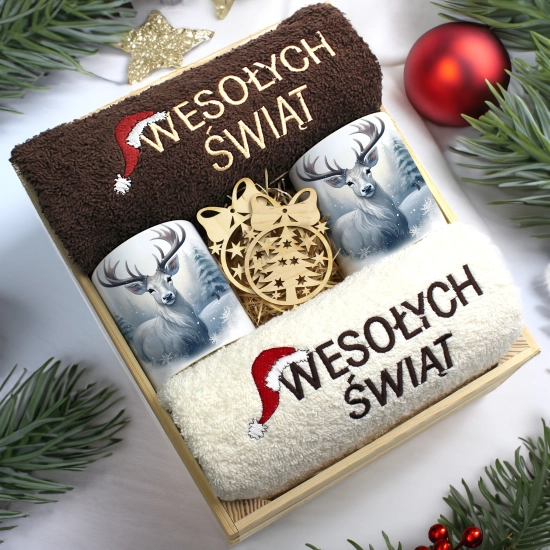 ZESTAW PREZENT ŚWIĄTECZNY KOMPLET KUBKI RĘCZNIKI W SKRZYNCE ŚWIĘTA MIKOŁAJ