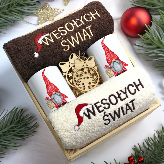 ZESTAW PREZENT ŚWIĄTECZNY KOMPLET KUBKI RĘCZNIKI W SKRZYNCE ŚWIĘTA MIKOŁAJ