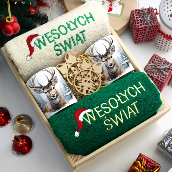ZESTAW PREZENT ŚWIĄTECZNY KOMPLET KUBKI RĘCZNIKI W SKRZYNCE ŚWIĘTA MIKOŁAJ