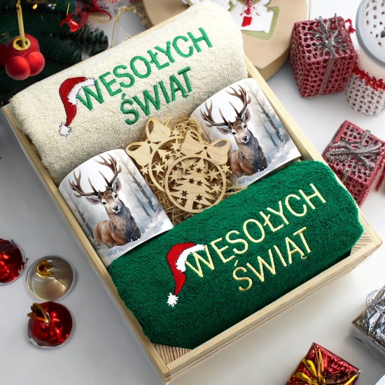 ZESTAW PREZENT ŚWIĄTECZNY KOMPLET KUBKI RĘCZNIKI W SKRZYNCE ŚWIĘTA MIKOŁAJ