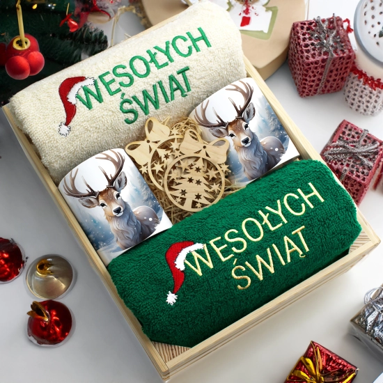 ZESTAW PREZENT ŚWIĄTECZNY KOMPLET KUBKI RĘCZNIKI W SKRZYNCE ŚWIĘTA MIKOŁAJ
