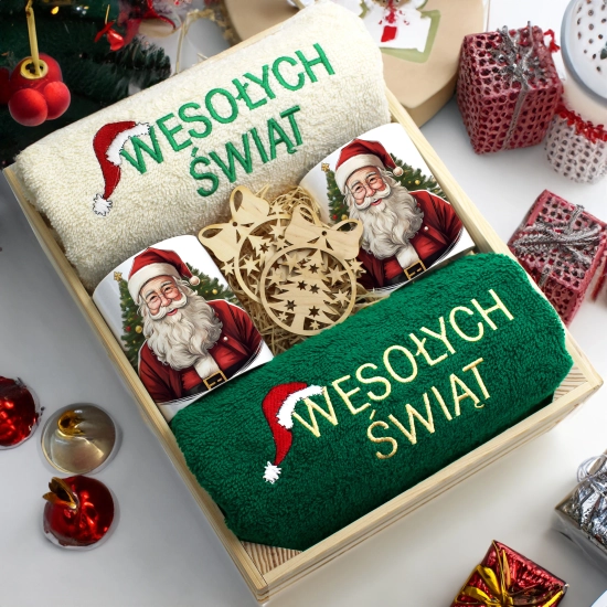 ZESTAW PREZENT ŚWIĄTECZNY KOMPLET KUBKI RĘCZNIKI W SKRZYNCE ŚWIĘTA MIKOŁAJ