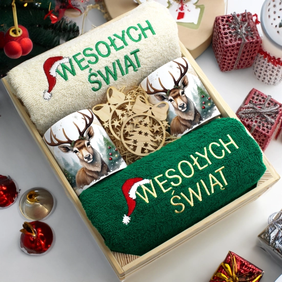 ZESTAW PREZENT ŚWIĄTECZNY KOMPLET KUBKI RĘCZNIKI W SKRZYNCE ŚWIĘTA MIKOŁAJ