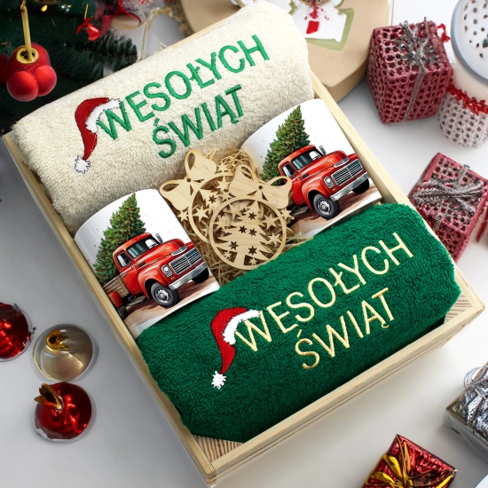 ZESTAW PREZENT ŚWIĄTECZNY KOMPLET KUBKI RĘCZNIKI W SKRZYNCE ŚWIĘTA MIKOŁAJ