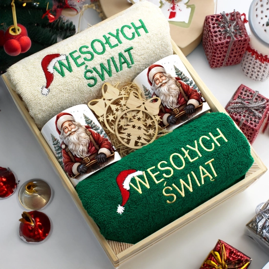 ZESTAW PREZENT ŚWIĄTECZNY KOMPLET KUBKI RĘCZNIKI W SKRZYNCE ŚWIĘTA MIKOŁAJ