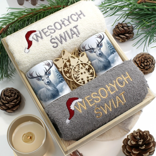 ZESTAW PREZENT ŚWIĄTECZNY KOMPLET KUBKI RĘCZNIKI W SKRZYNCE ŚWIĘTA MIKOŁAJ