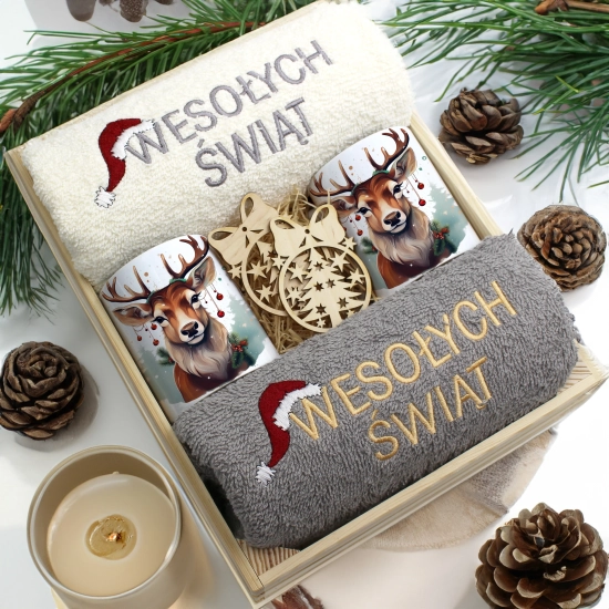 ZESTAW PREZENT ŚWIĄTECZNY KOMPLET KUBKI RĘCZNIKI W SKRZYNCE ŚWIĘTA MIKOŁAJ