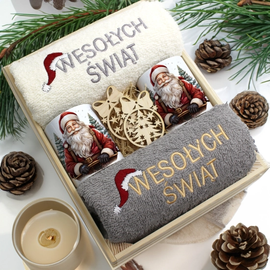 ZESTAW PREZENT ŚWIĄTECZNY KOMPLET KUBKI RĘCZNIKI W SKRZYNCE ŚWIĘTA MIKOŁAJ