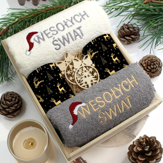 ZESTAW PREZENT ŚWIĄTECZNY KOMPLET KUBKI RĘCZNIKI W SKRZYNCE ŚWIĘTA MIKOŁAJ