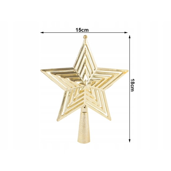 Złota gwiazda obok miarki, ilustrująca jej wymiary: wysokość 18 cm i szerokość 15 cm.