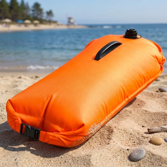 Pomarańczowa bojka asekuracyjna do pływania leżąca poziomo na piaszczystej plaży z widokiem na spokojne morze w tle.