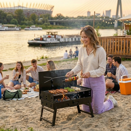 Piknik ze znajomymi i mały grill węglowy na piaszczystej plaży. Kobieta piekąca szaszłyki na przenośnym grillu turystycznym podczas plenerowej imprezy.