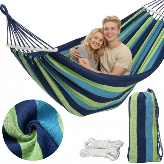 Zestaw hamak 2-osobowy niebieski w zielone pasy z pokrowcem i linkami