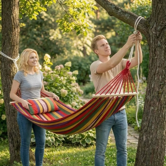 Kobieta i mężczyzna w hamaku z pałąkiem i poduszką na stelażu tarasowym