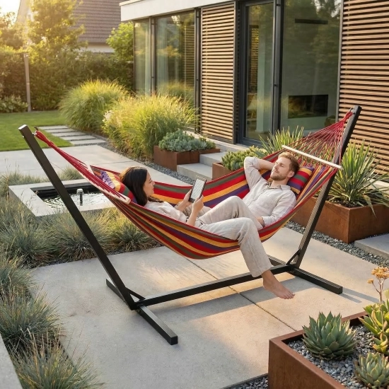 Detal drewnianego pałąka i mocnych lin w hamaku wielokolorowym