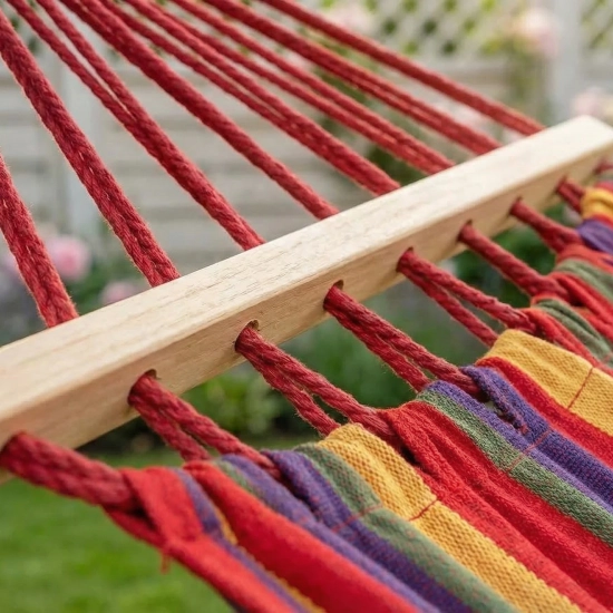 Duży hamak ogrodowy huśtawka na stelażu metalowym na tarasie para