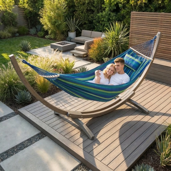 Mocny hamak 2-osobowy z pałąkiem i poduszką na drewnianym stelażu