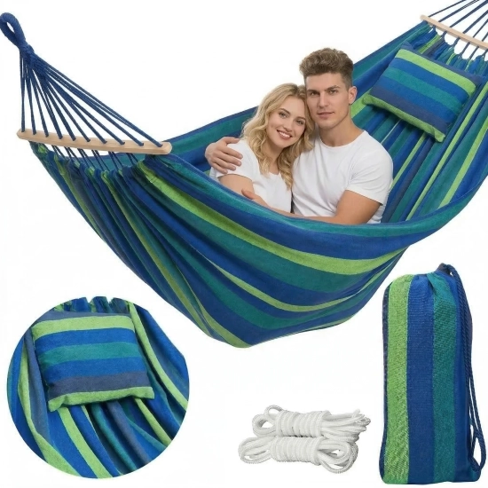 Zestaw hamak niebiesko-zielony XXL z poduszką torbą i linkami mocującymi