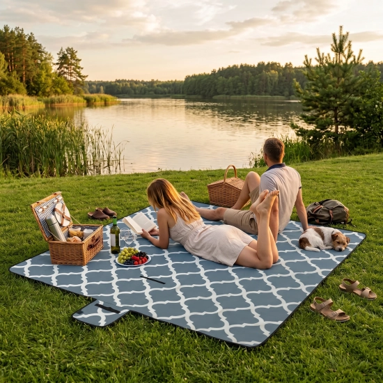 Kobieta i mężczyzna z psem odpoczywający na rozłożonym, szaro-białym kocu piknikowym WONDER nad jeziorem.