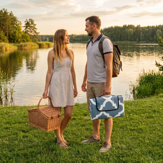 Para stojąca nad jeziorem, mężczyzna trzyma złożony w poręczną torbę koc piknikowy WONDER.