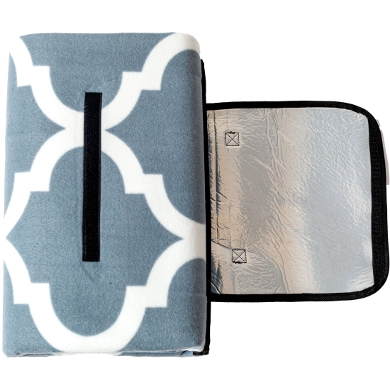 Rozłożona klapka zapięcia koca piknikowego, ukazująca spodnią warstwę wykonaną z wodoodpornej folii aluminiowej.