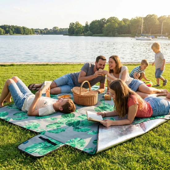 Kobieta w plenerze niosąca w dłoni złożony w torbę koc piknikowy WONDER w zielone liście monstery.