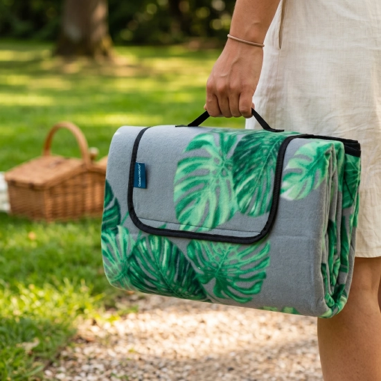 Kobieta w plenerze niosąca w dłoni złożony w torbę koc piknikowy WONDER w zielone liście monstery.