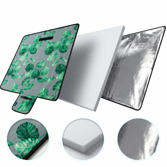 Grafika 3D przedstawiająca trzy warstwy koca WONDER: miękki polar w liście, piankę PU oraz aluminiową folię izolacyjną.