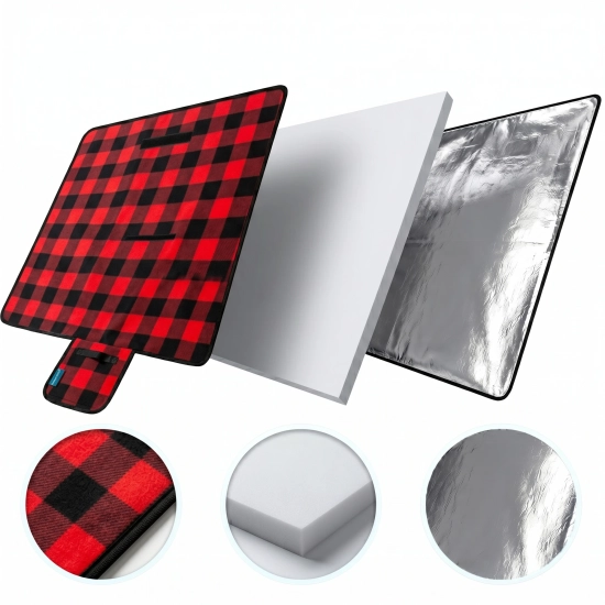 Grafika 3D przedstawiająca trzy warstwy koca WONDER: miękki polar w kratkę, piankę PU oraz aluminiową folię izolacyjną.