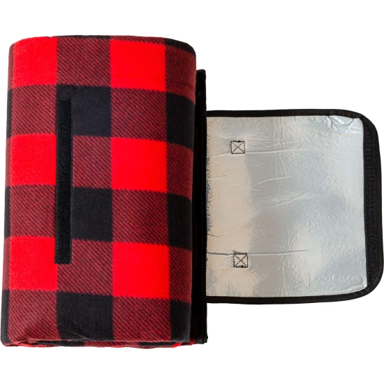 Rozłożona klapka zapięcia koca piknikowego, ukazująca spodnią warstwę wykonaną z wodoodpornej folii aluminiowej.