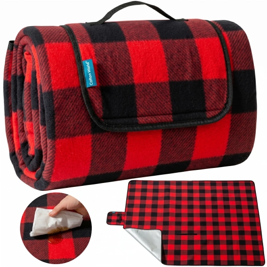 Kompilacja koca piknikowego WONDER: złożony w torbę z uchwytem, rozłożony w rozmiarze 200x200 oraz łatwe wycieranie plam