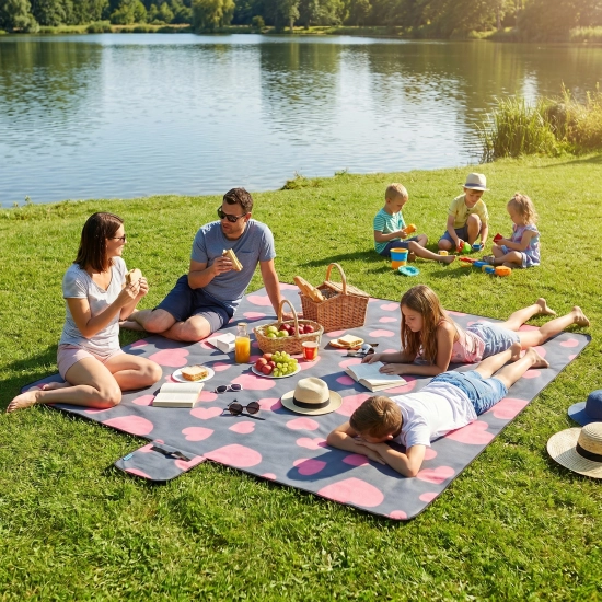 Duża rodzina z dziećmi jedząca radosny piknik nad jeziorem na dużym kocu WONDER w różowe serca