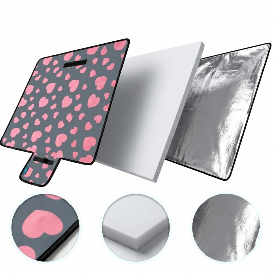 Grafika 3D przedstawiająca trzy warstwy koca WONDER: miękki polar w serca, piankę PU oraz aluminiową izolację.