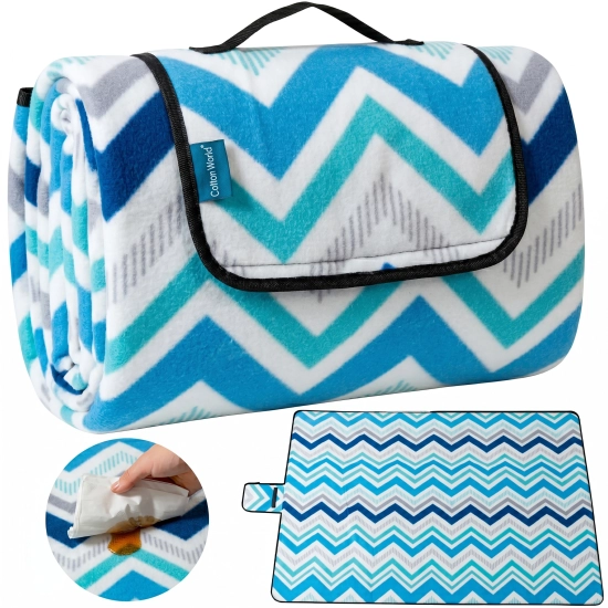 Kompilacja koca piknikowego WONDER: złożony w torbę z uchwytem, rozłożony w rozmiarze 200x200 oraz łatwe wycieranie plam