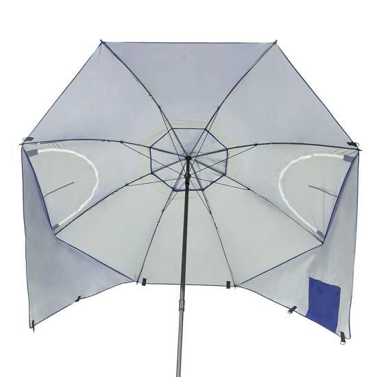 Wnętrze parasola plażowego Plażowa Oaza ukazujące srebrną powłokę UV, metalowy stelaż oraz dwa okna wentylacyjne.